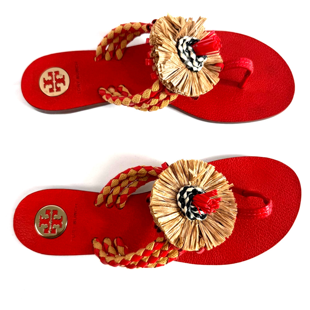 Tory Burch flat sandal Braided strap tassel accent coral red boho-chic Sz 9.5M